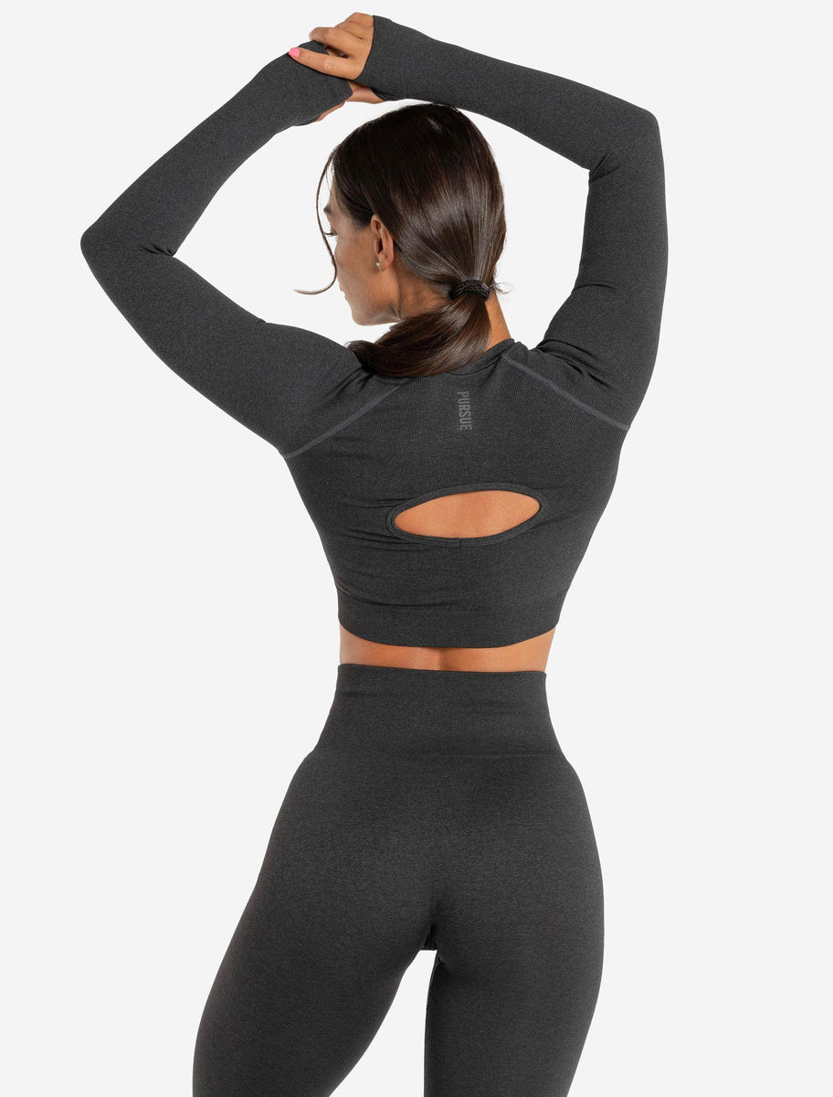 Core Seamless Long Sleeve Crop Top, Black Marl