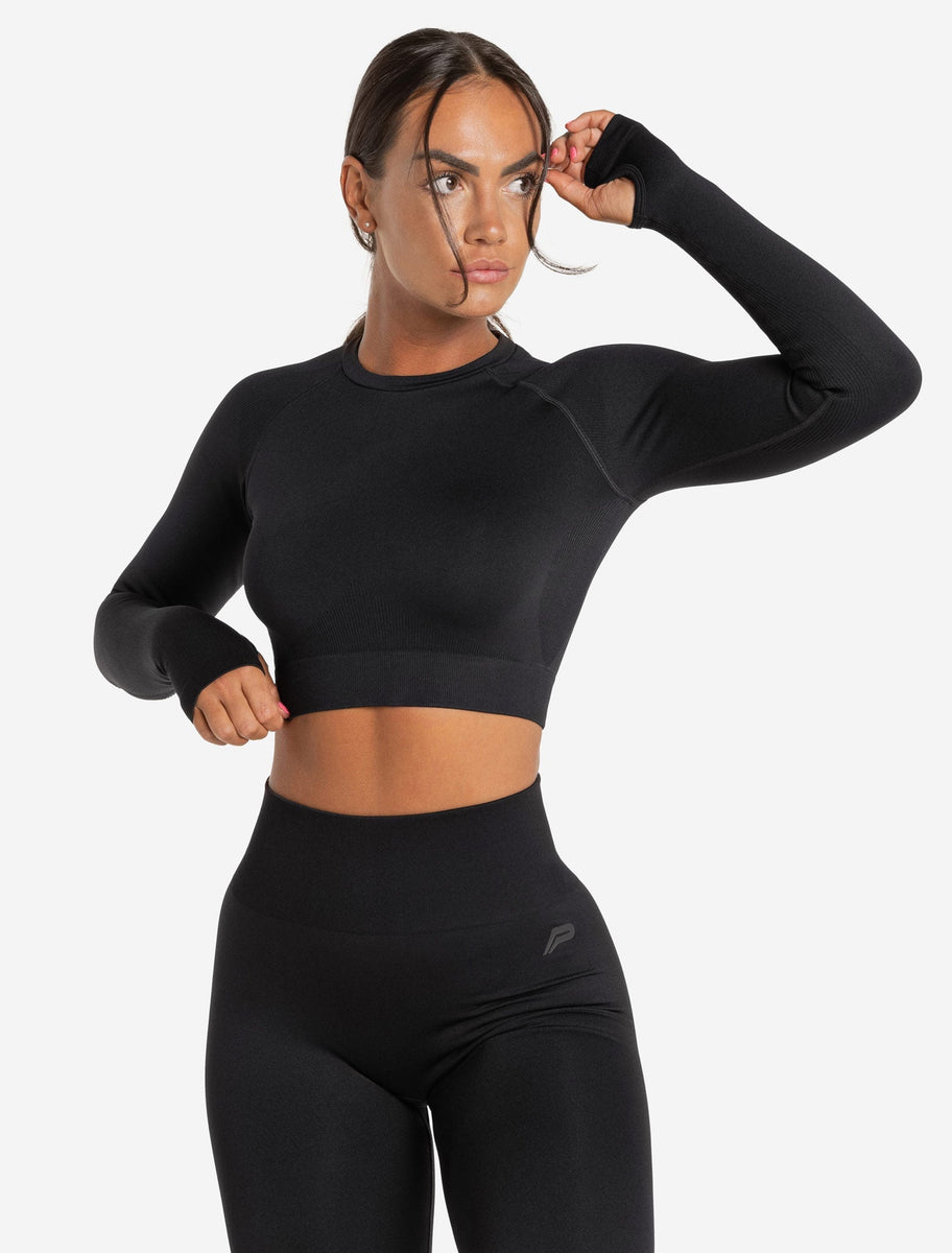 Core Seamless Long Sleeve Crop Top | Black | Pursue Fitness