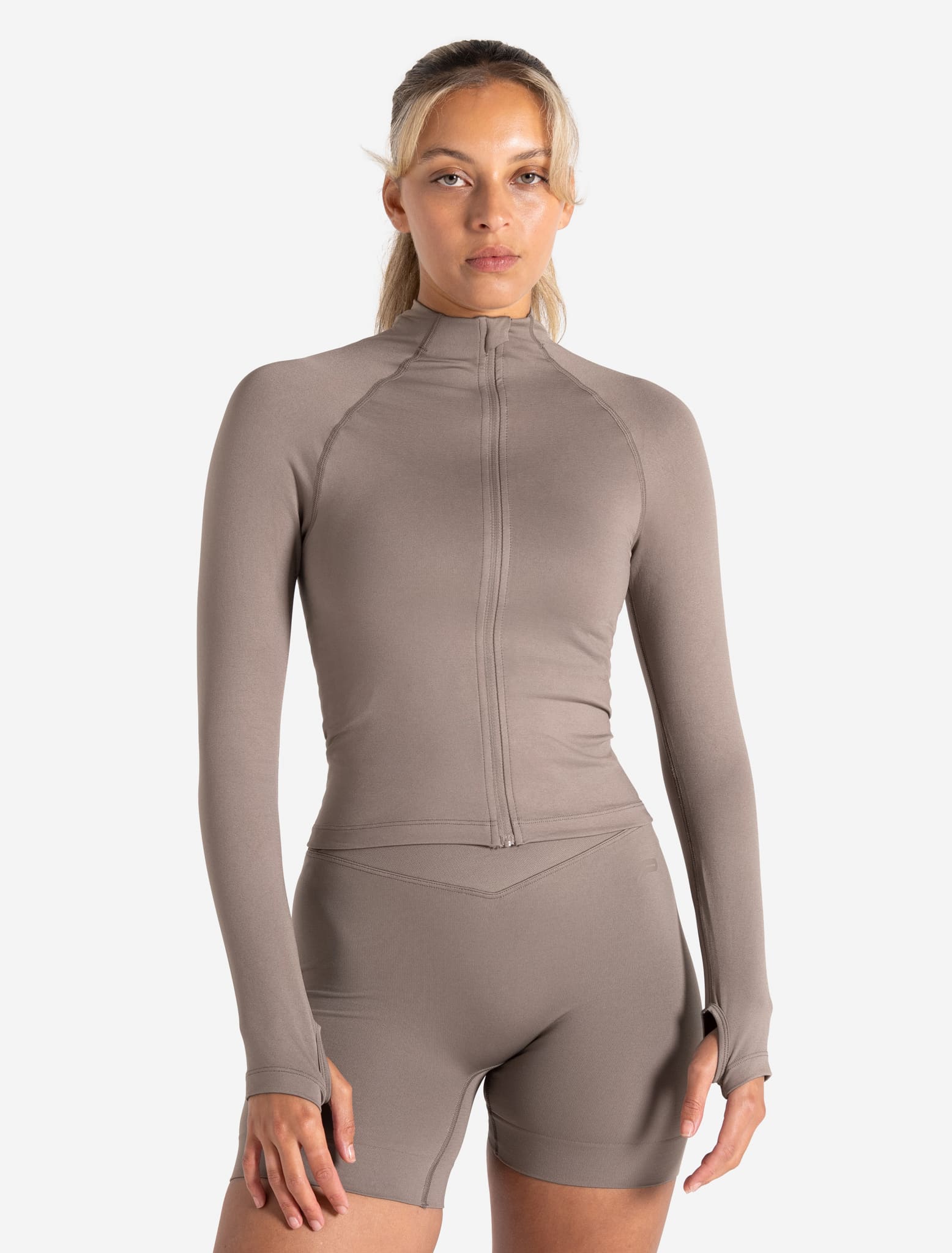 Sculpt Seamless Zip Jacket - Taupe Pursue Fitness 1